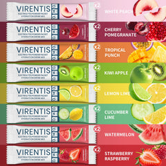 VIRENTIS sugar-free hydration packets close-up showing zero-calorie electrolyte mix for active days.