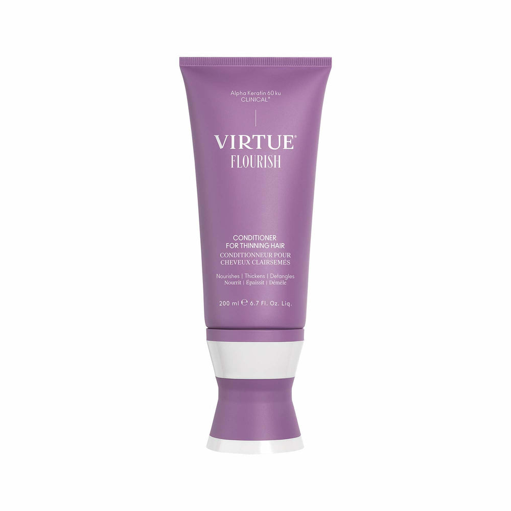 Virtue Flourish conditioner bottle-pump demonstrates easy dispensing for thinning-hair care.