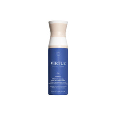 VIRTUE Strength and Shield Leave-In Conditioner bottle closeup highlighting detangling for smoother hair.