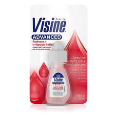 Visine Advanced Relief eye drops bottle ready for quick redness relief on the go.