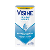 Visine Dry Eye Relief bottle front shows portable relief for on-the-go use