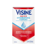 Visine Red Eye Hydrating bottle pour shows quick redness relief and moisturizing action.