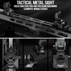 Visiofire rear flip-up sight with spring-loaded deployment for quick alignment.