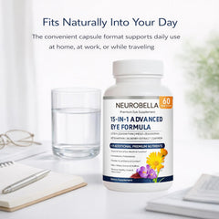 Close-up of Visiovance Neurobella capsules showing a clean label design
