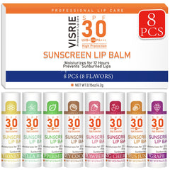 VISRIE SPF 30 lip balm 8-pack front view, ready for sun lip care on the go