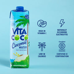 Vita Coco Original bottle back highlights nutrition facts and zero fat.