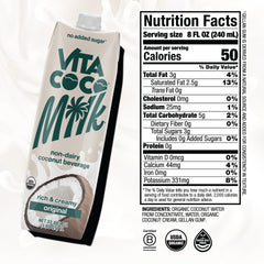 Vita Coco Original Coconut Milk label highlights organic, non-GMO, and no added sugar