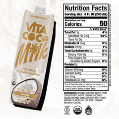 Vita Coco Vanilla Coconut Milk being poured for smooth, dairy-free drinks