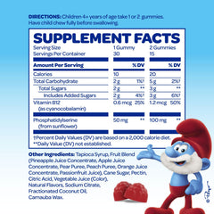 VITABURST Smurfs Focus Gummies label closeup highlights natural fruit ingredients.