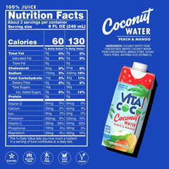 Vita Coco Peach & Mango coconut water pours into a glass with a tropical aroma