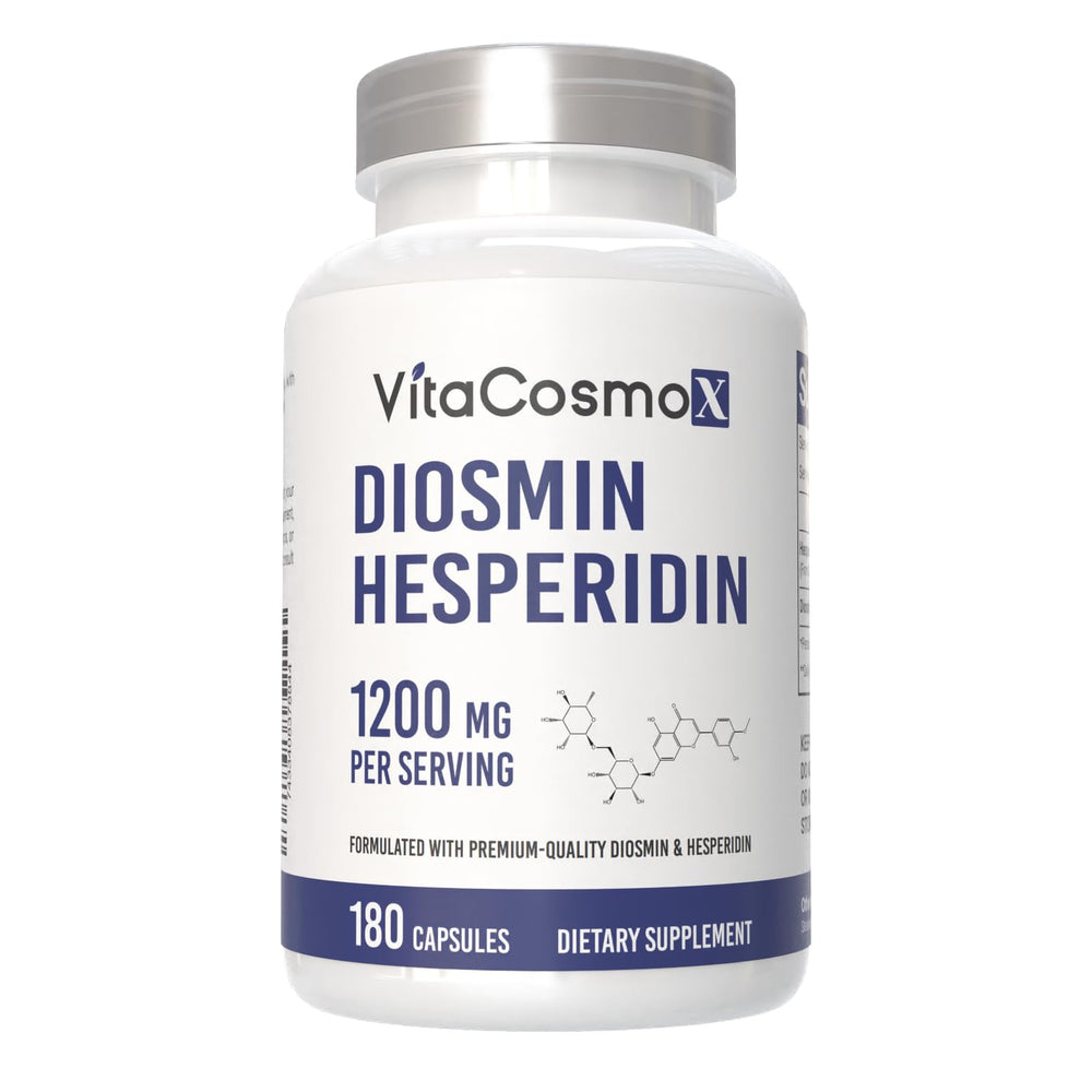 VitaCosmoX Diosmin Hesperidin 1200mg bottle cap close-up; potential leg comfort support.