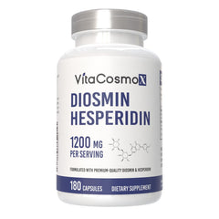VitaCosmoX Diosmin Hesperidin 1200mg bottle cap close-up; potential leg comfort support.