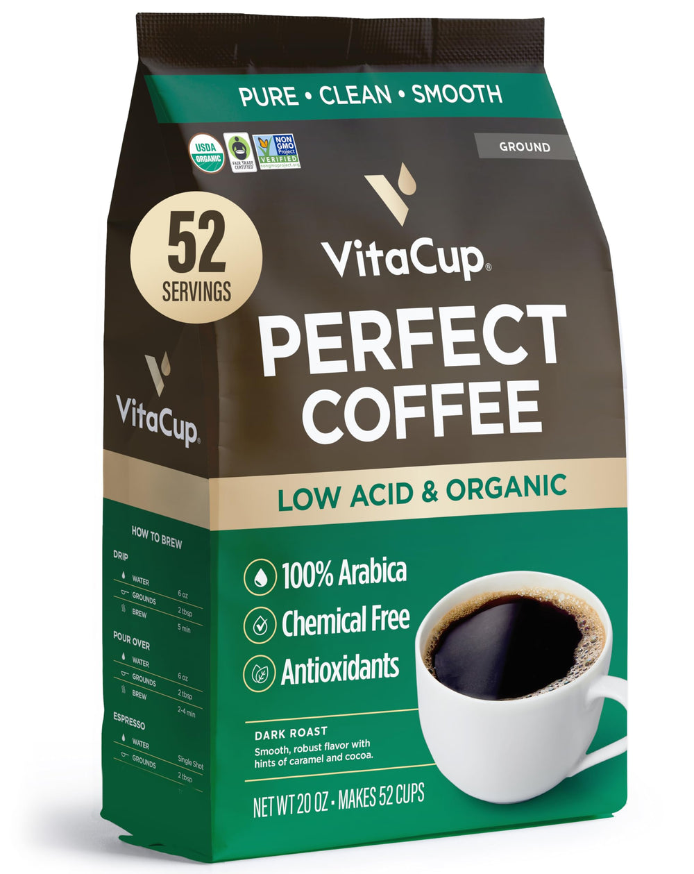 VitaCup Perfect Low Acid Ground Coffee Bag, smooth, clean flavor ideal for a gentle morning cup.