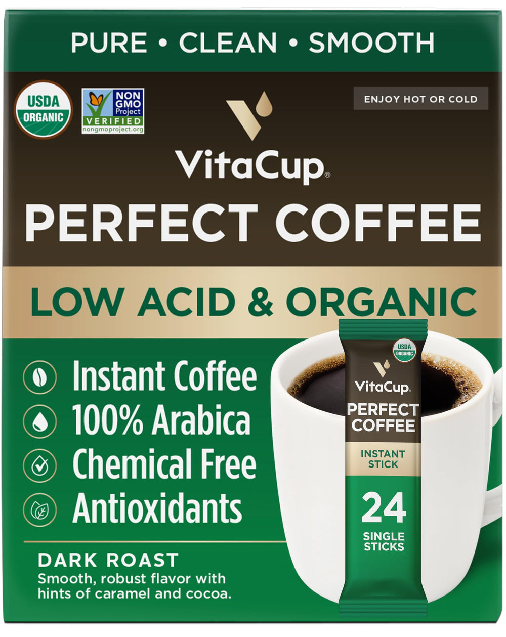 VitaCup Perfect Low Acid Instant Coffee packaging shows organic and convenient packaging.