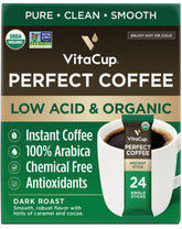 VitaCup Perfect Low Acid Instant Coffee packaging shows organic and convenient packaging.