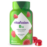 Vitafusion B12 gummy bottle front shows raspberry flavor and energy support.