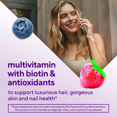 Vitafusion Gorgeous Hair Skin Nails raspberry flavor gummies on counter