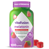 Vitafusion melatonin gummies bottle front with strawberry flavor for bedtime routines