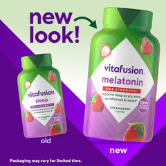 Vitafusion melatonin gummies bottle side shows 100-count jar for nightly use