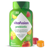 Vitafusion probiotic gummies raspberry bottle for daily digestive support with natural flavor.