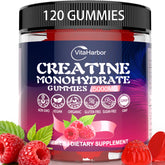 VitaHarbor Creatine Monohydrate Gummies raspberry bottle highlighting vegan, sugar-free formula for active daily routines.