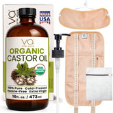 Vital Affair Castor Oil Pack Wrap Kit in amber glass bottle, premium organic oil.
