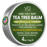 VITAL AFFAIR Tea Tree Oil Balm jar closeup for soothing dry skin.
