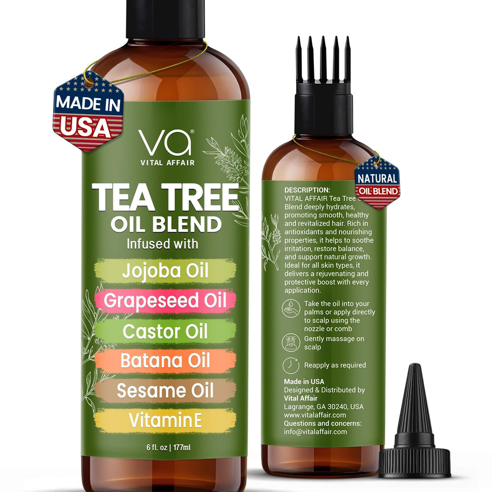 VITAL AFFAIR Tea Tree Oil hair bottle on wood promotes scalp balance.