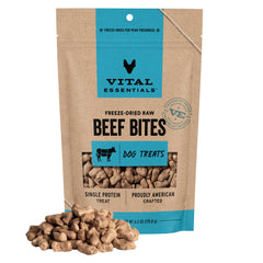 Vital Essentials freeze-dried beef bites bag for dogs, grain-free protein.