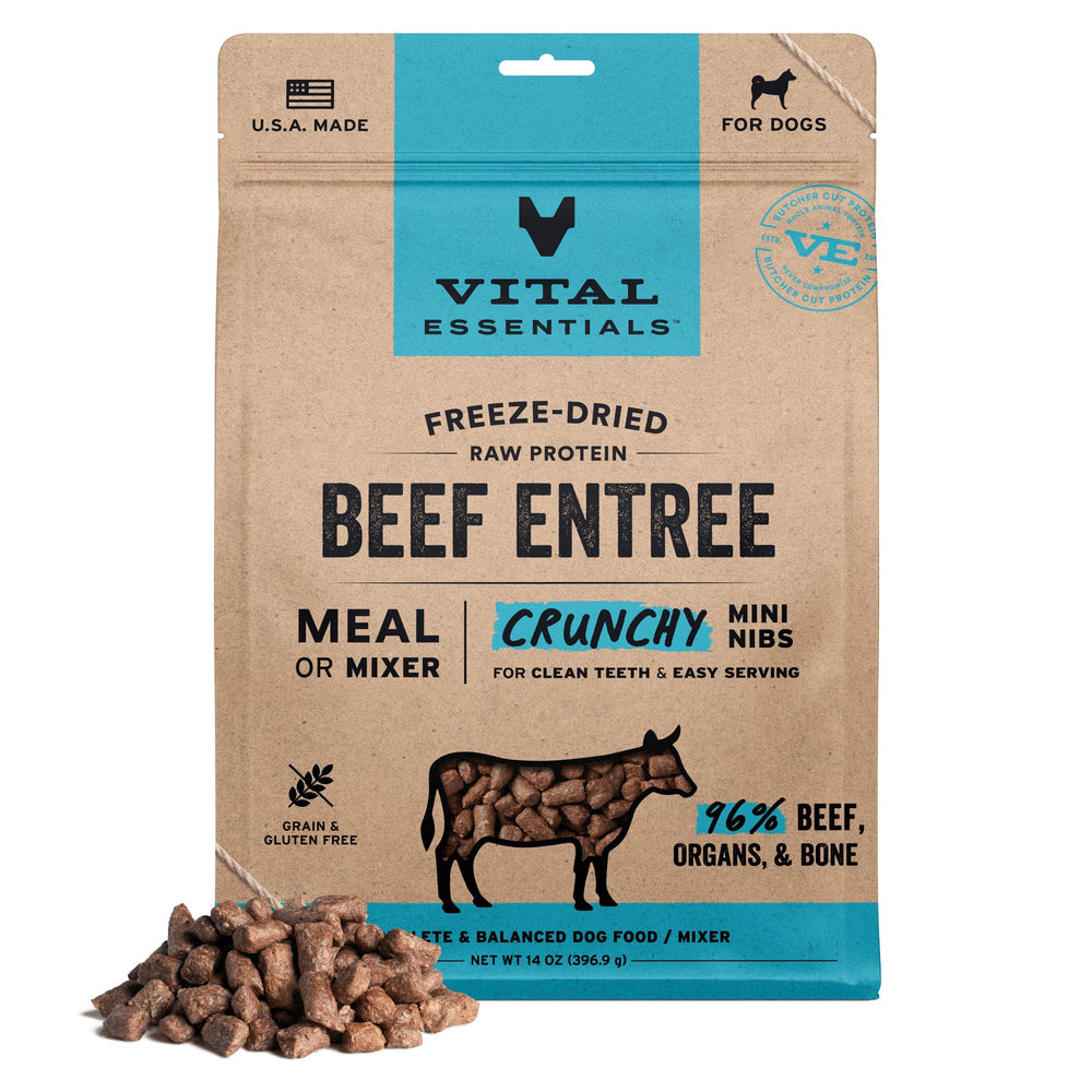 Vital Essentials Freeze-Dried Beef Nibs bag front for convenient raw nutrition.