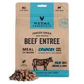 Vital Essentials freeze-dried beef nibs packaging highlights USA-sourced protein for easy, grain-free meals.