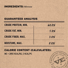 Vital Essentials nutrition panel closeup on packaging highlights high protein and low moisture.