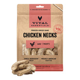 Vital Essentials freeze-dried chicken necks in a 9 oz bag for a protein-packed dog treat.