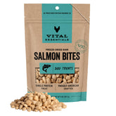 Vital Essentials Salmon Bites bag front shows high-protein, single-ingredient dog treats.