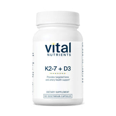 Vital Nutrients D3 K2 bottle front highlighting calcium absorption support.