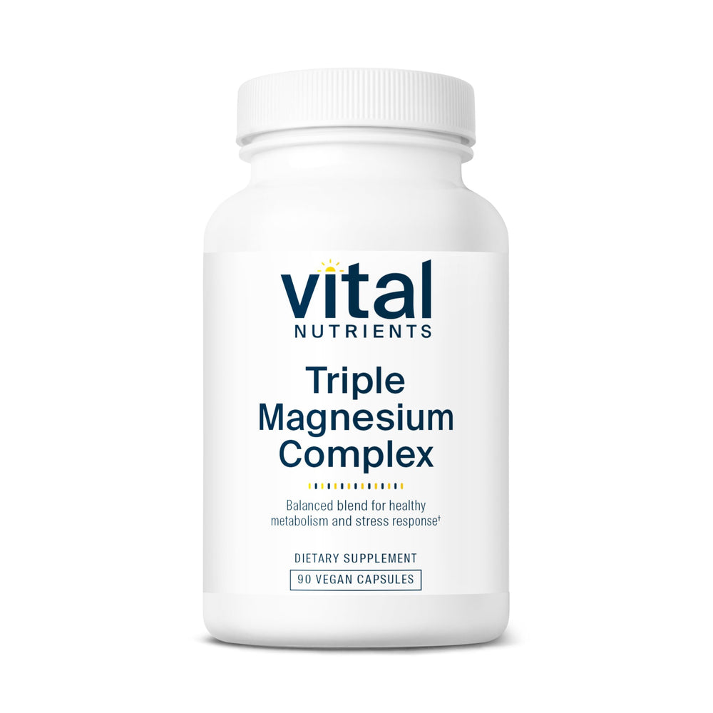 Vital Nutrients Triple Magnesium Complex bottle front, vegan magnesium blend for daily relaxation.