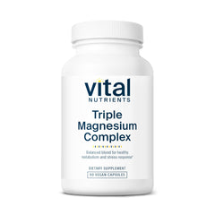 Vital Nutrients Triple Magnesium Complex bottle front, vegan magnesium blend for daily relaxation.