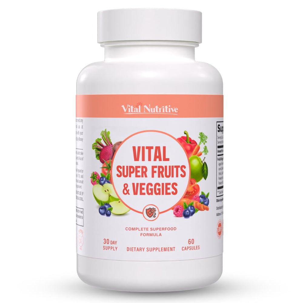 Vital Nutritive Vital Super Fruits & Veggies capsules close-up for daily energy support.