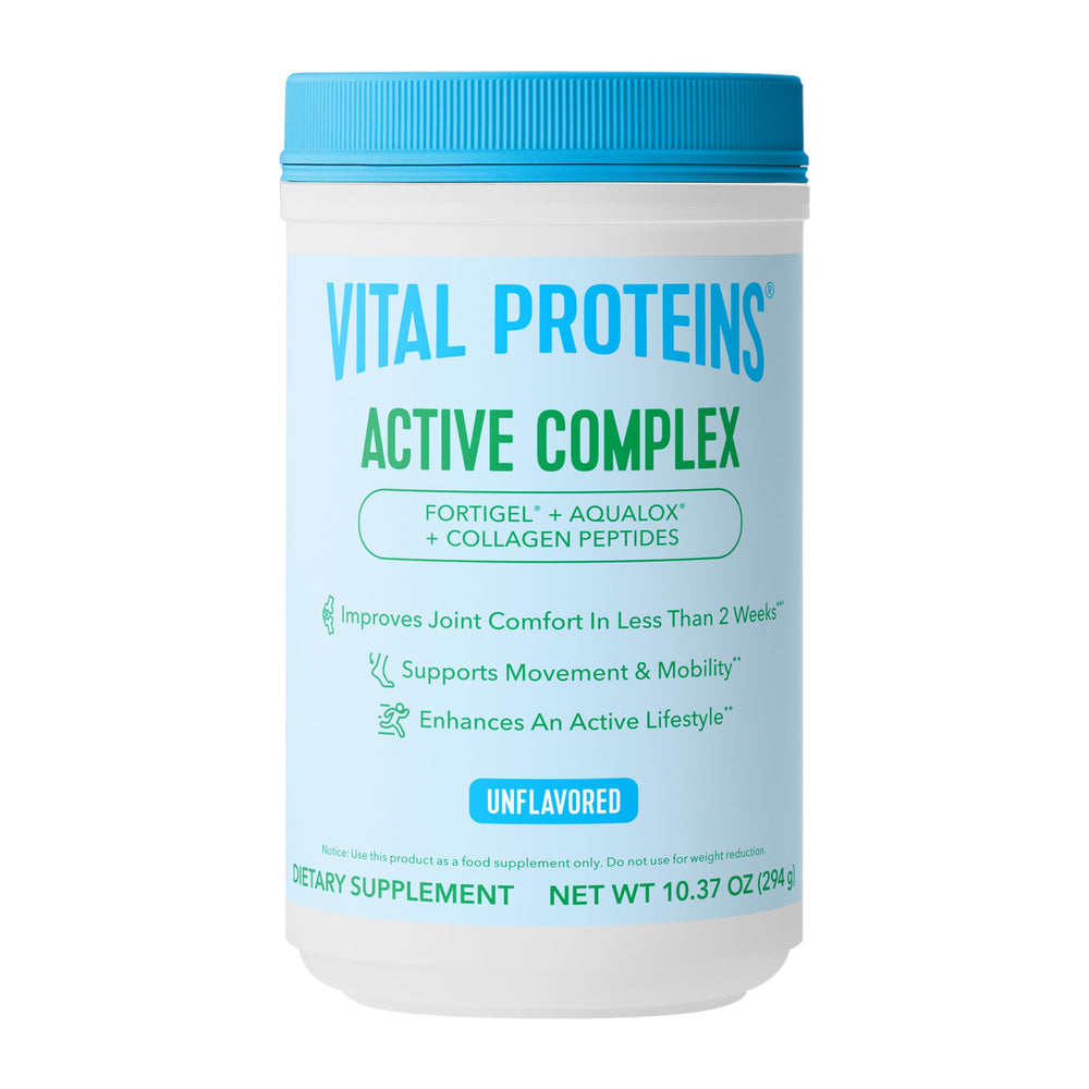 Vital Proteins Active Complex bottle shows 20g collagen for joint support during workouts.