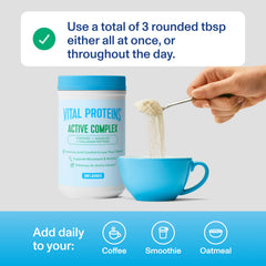 Vital Proteins Active Complex glass with drink showcases gluten-free, clean supplement moment.