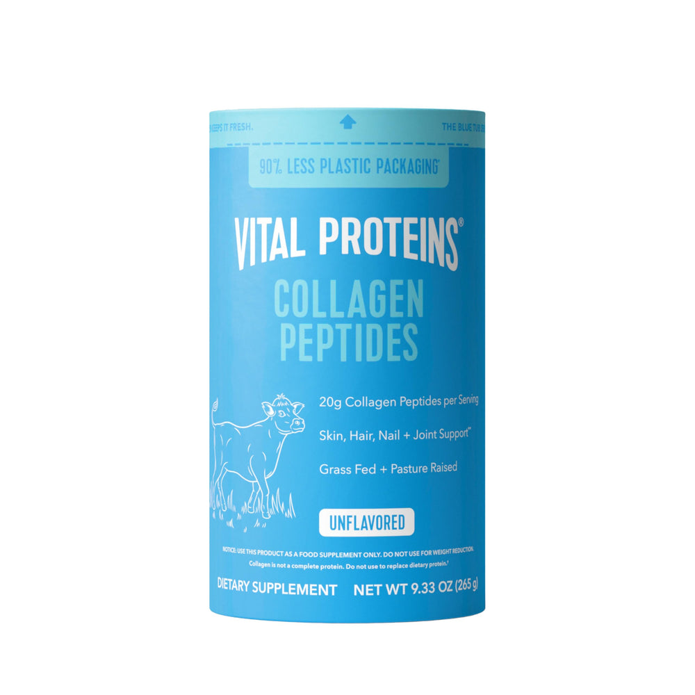 Vital Proteins Collagen Peptides bottle on counter supports hair and skin vitality.