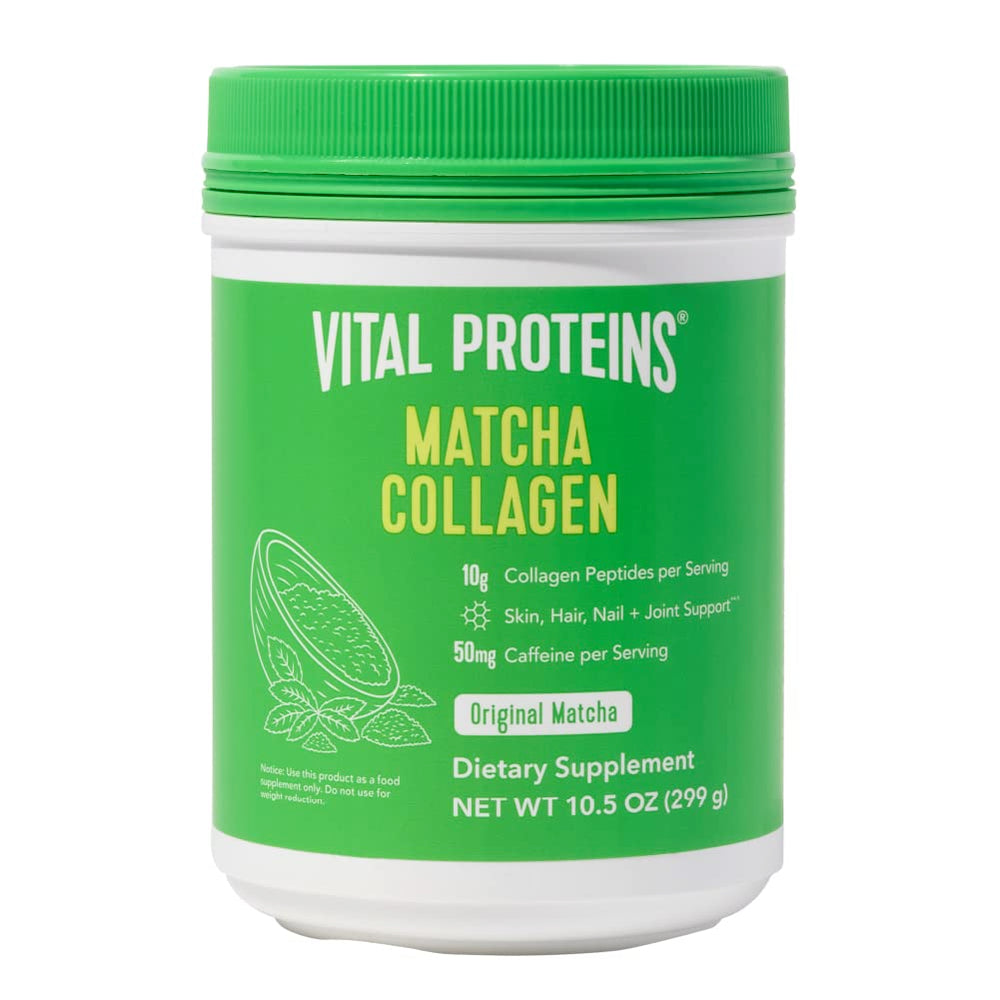 Vital Proteins Matcha Collagen powder bottle on counter supports daily energy and skin health.