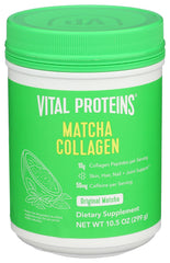 Vital Proteins Matcha Collagen powder beside smoothie, ideal daily routine.