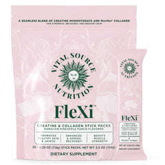 Vital Source Flexi bottle pack shot highlighting the dual-action strength and skin health benefits.