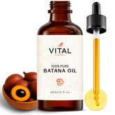 Vital Strands Batana Oil bottle pour demonstrating quick absorption for scalp care