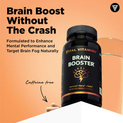 Vital Vitamins Brain Booster capsule closeup highlights focus and recall.
