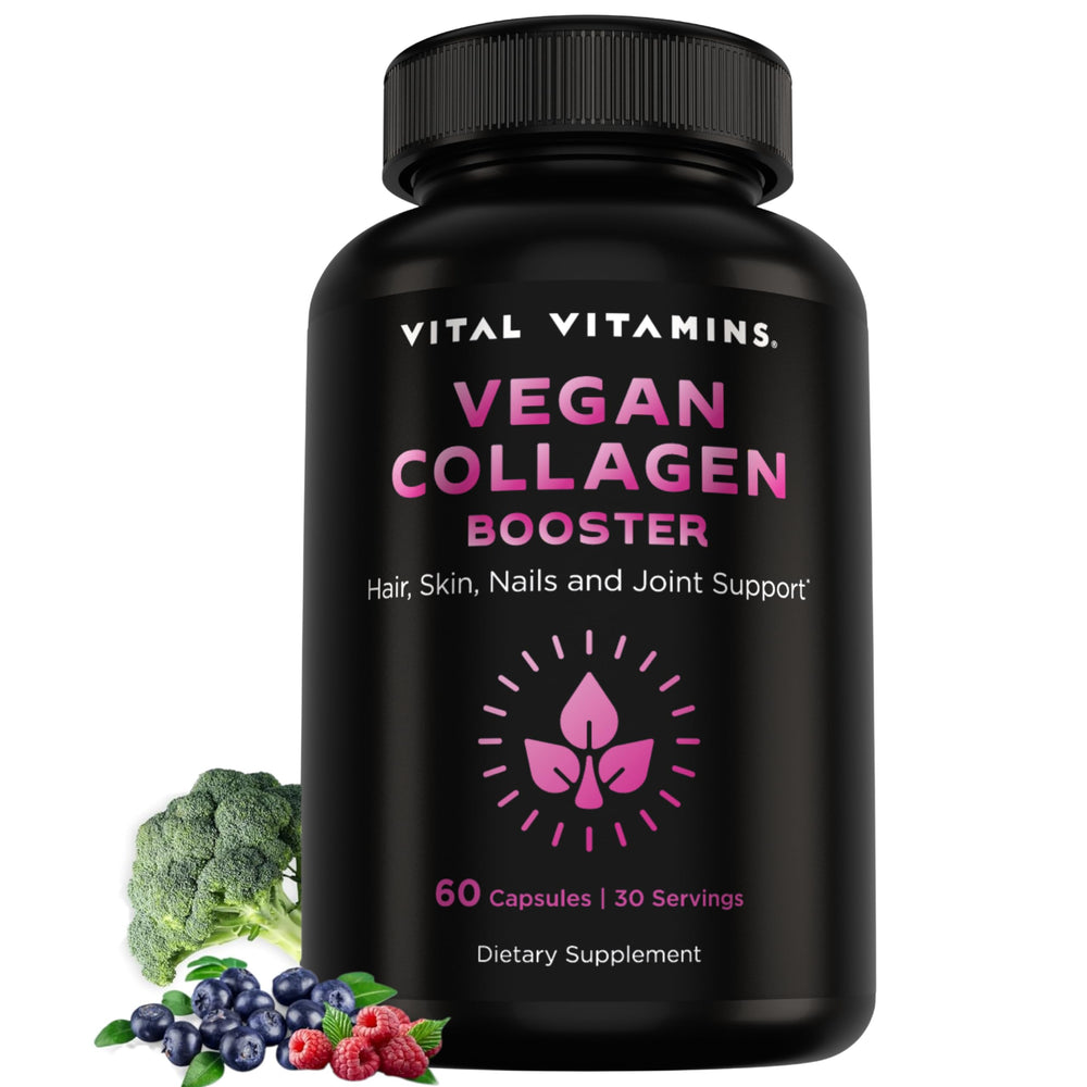 Vital Vitamins Vegan Collagen Booster bottle with eco-friendly packaging for mindful wellness.
