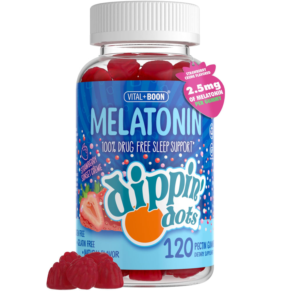 Vital+Boon Dippin Dots bottle-front showing label and 2.5 mg gummies for bedtime support.