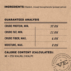 Vital Essentials single-protein rabbit treat detail emphasizing lean protein.