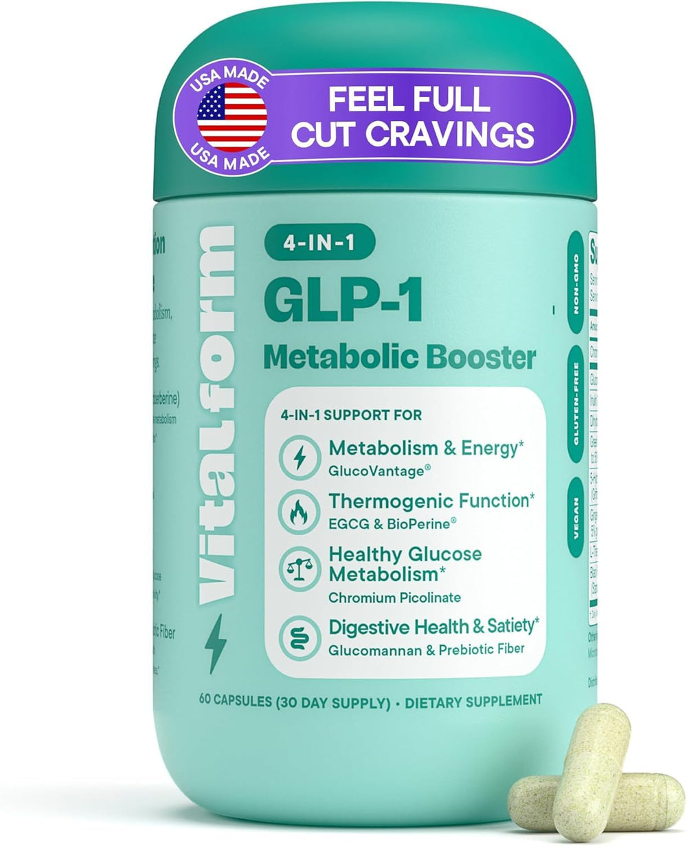 VitalForm GLP-1 Metabolic Support bottle pour showing convenient capsules for daily appetite awareness.